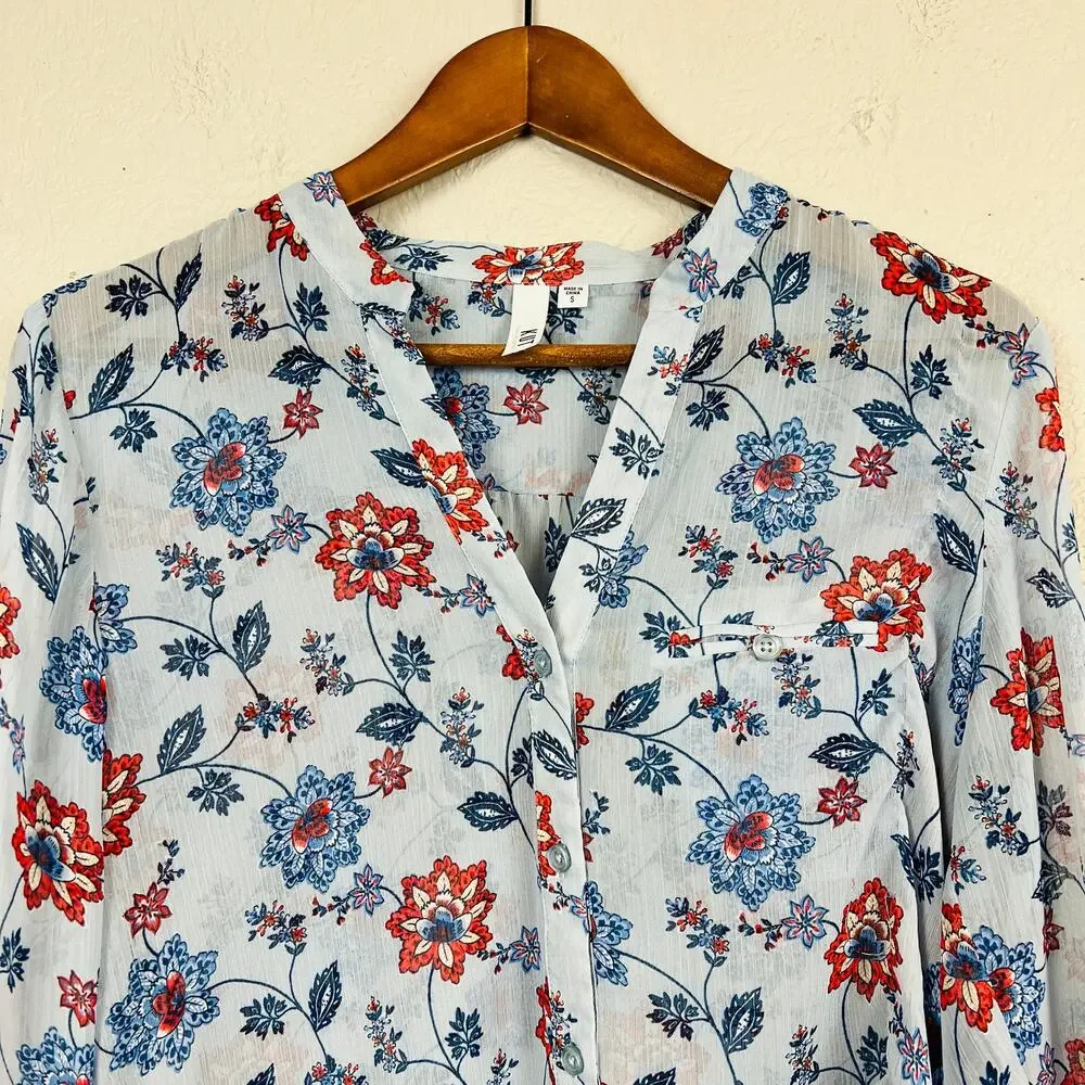 KUT Sheer Button Up Blouse Top Long Sleeve FLoral Blue - S